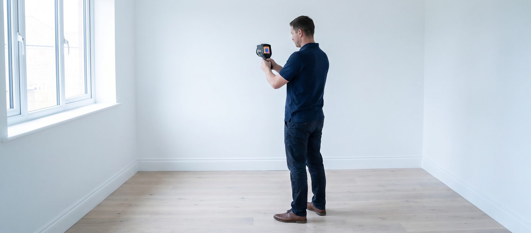 Technician checking a wall with a handheld thermal imaging camera in an empty room